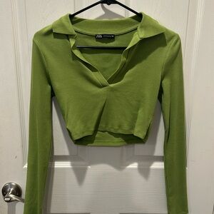 Zara long sleeve v neck crop top in green